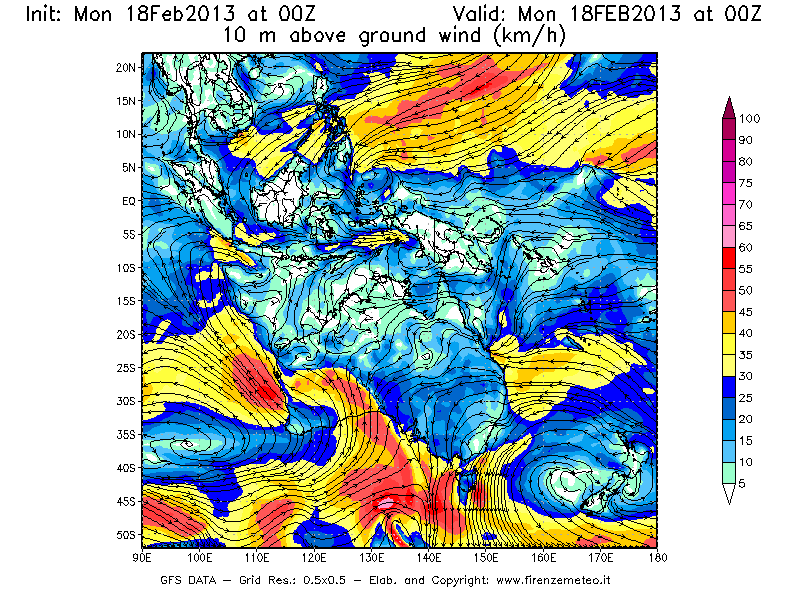 Mappa di analisi GFS - Velocità del vento a 10 metri dal suolo [km/h] in Oceania
							del 18/02/2013 00 <!--googleoff: index-->UTC<!--googleon: index-->