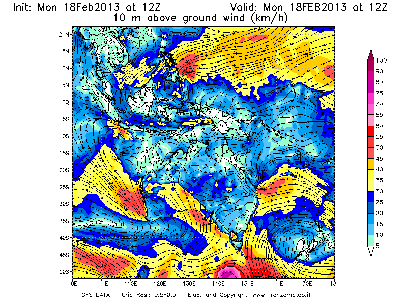Mappa di analisi GFS - Velocità del vento a 10 metri dal suolo [km/h] in Oceania
							del 18/02/2013 12 <!--googleoff: index-->UTC<!--googleon: index-->