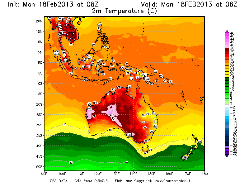 Mappa di analisi GFS - Temperatura a 2 metri dal suolo [°C] in Oceania
							del 18/02/2013 06 <!--googleoff: index-->UTC<!--googleon: index-->