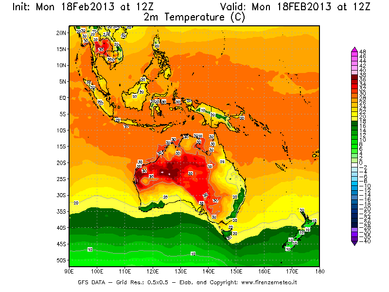 Mappa di analisi GFS - Temperatura a 2 metri dal suolo [°C] in Oceania
							del 18/02/2013 12 <!--googleoff: index-->UTC<!--googleon: index-->