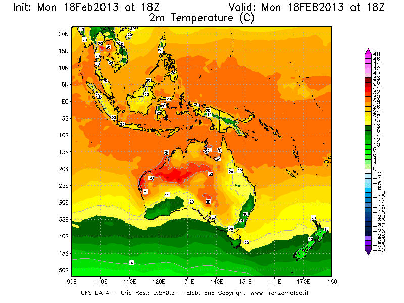 Mappa di analisi GFS - Temperatura a 2 metri dal suolo [°C] in Oceania
							del 18/02/2013 18 <!--googleoff: index-->UTC<!--googleon: index-->
