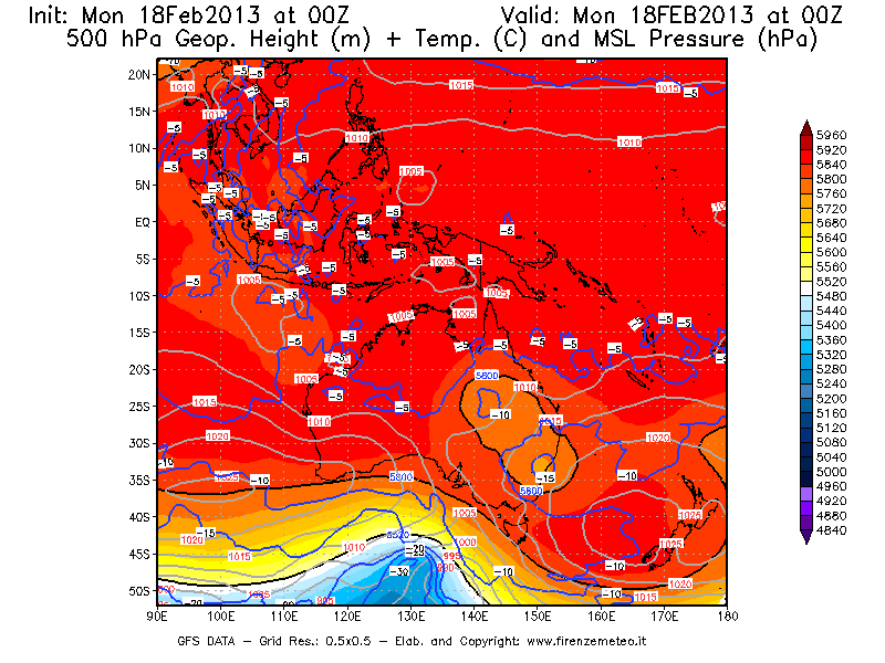 Mappa di analisi GFS - Geopotenziale [m] + Temp. [°C] a 500 hPa + Press. a livello del mare [hPa] in Oceania
							del 18/02/2013 00 <!--googleoff: index-->UTC<!--googleon: index-->
