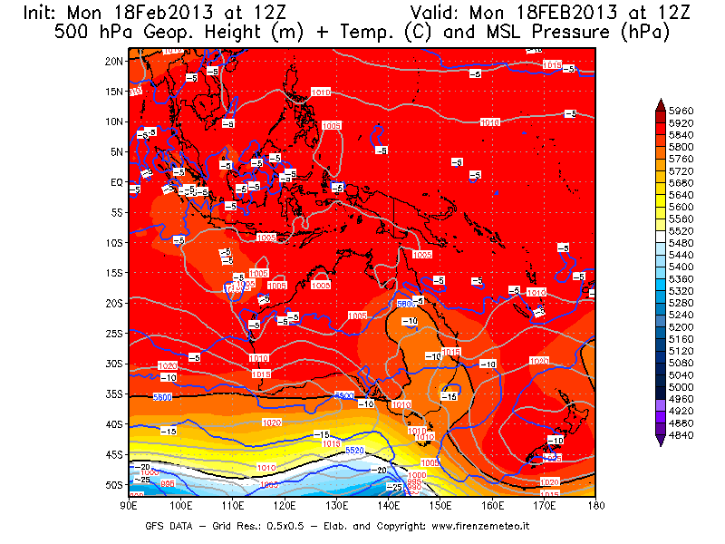Mappa di analisi GFS - Geopotenziale [m] + Temp. [°C] a 500 hPa + Press. a livello del mare [hPa] in Oceania
							del 18/02/2013 12 <!--googleoff: index-->UTC<!--googleon: index-->