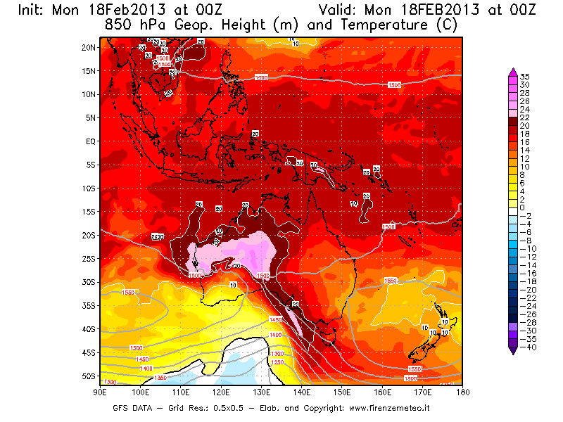Mappa di analisi GFS - Geopotenziale [m] e Temperatura [°C] a 850 hPa in Oceania
							del 18/02/2013 00 <!--googleoff: index-->UTC<!--googleon: index-->