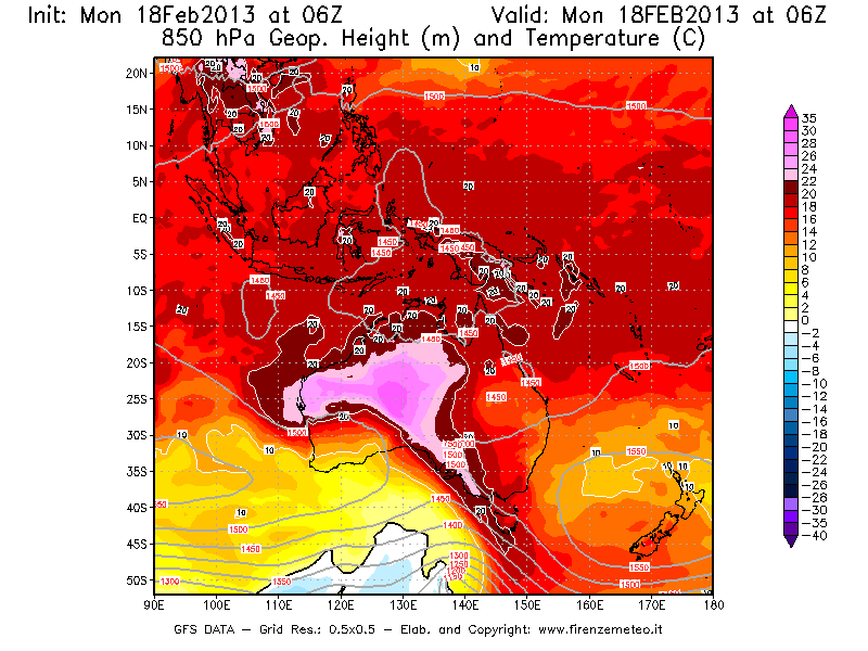 Mappa di analisi GFS - Geopotenziale [m] e Temperatura [°C] a 850 hPa in Oceania
							del 18/02/2013 06 <!--googleoff: index-->UTC<!--googleon: index-->