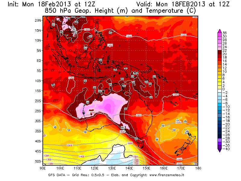 Mappa di analisi GFS - Geopotenziale [m] e Temperatura [°C] a 850 hPa in Oceania
							del 18/02/2013 12 <!--googleoff: index-->UTC<!--googleon: index-->