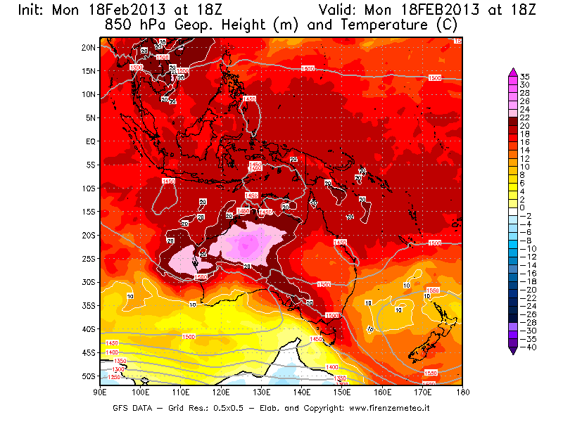 Mappa di analisi GFS - Geopotenziale [m] e Temperatura [°C] a 850 hPa in Oceania
							del 18/02/2013 18 <!--googleoff: index-->UTC<!--googleon: index-->
