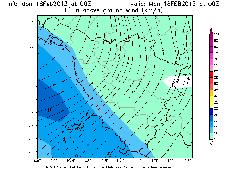 Mappa di analisi GFS - Velocità del vento a 10 metri dal suolo [km/h] in Toscana
							del 18/02/2013 00 <!--googleoff: index-->UTC<!--googleon: index-->