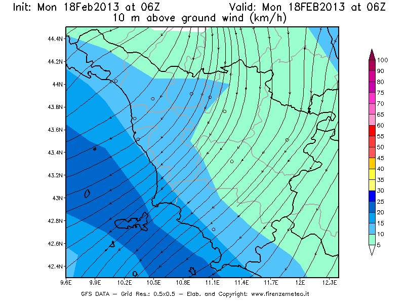 Mappa di analisi GFS - Velocità del vento a 10 metri dal suolo [km/h] in Toscana
							del 18/02/2013 06 <!--googleoff: index-->UTC<!--googleon: index-->