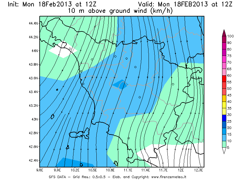 Mappa di analisi GFS - Velocità del vento a 10 metri dal suolo [km/h] in Toscana
							del 18/02/2013 12 <!--googleoff: index-->UTC<!--googleon: index-->