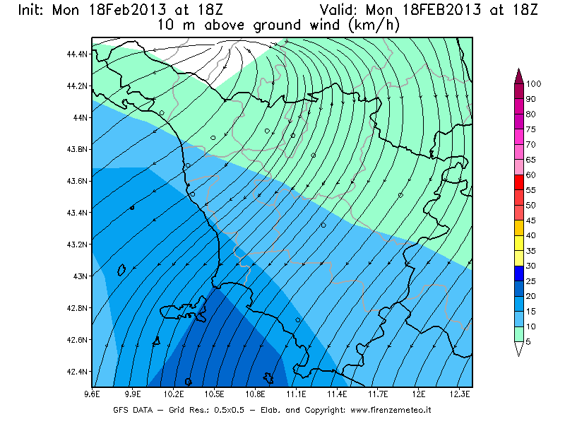 Mappa di analisi GFS - Velocità del vento a 10 metri dal suolo [km/h] in Toscana
							del 18/02/2013 18 <!--googleoff: index-->UTC<!--googleon: index-->