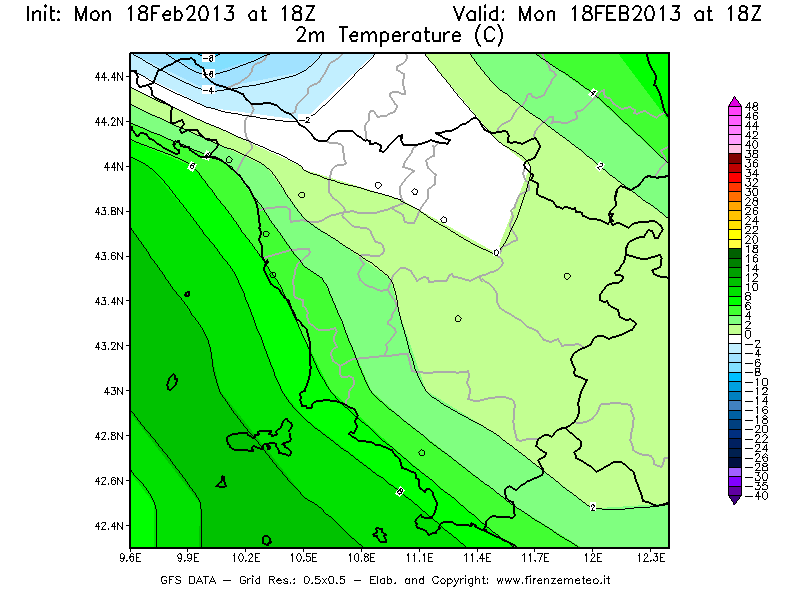 Mappa di analisi GFS - Temperatura a 2 metri dal suolo [°C] in Toscana
							del 18/02/2013 18 <!--googleoff: index-->UTC<!--googleon: index-->