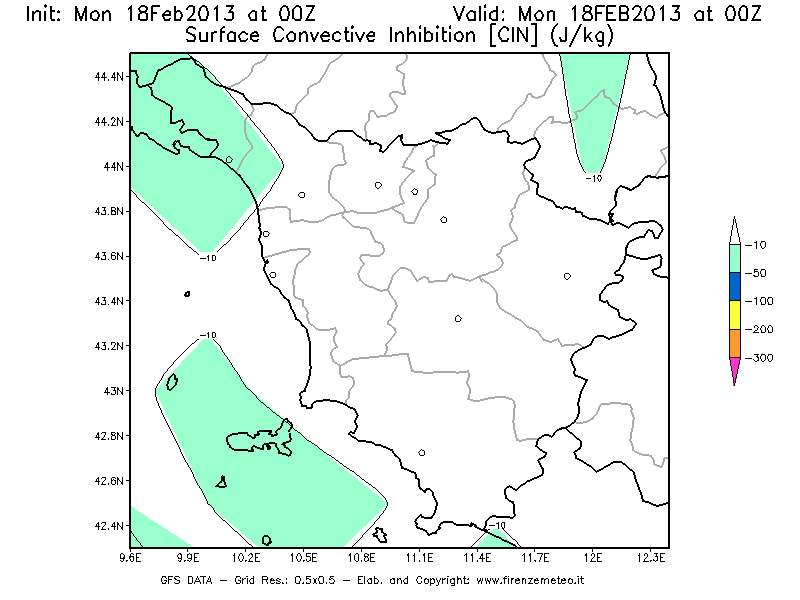 Mappa di analisi GFS - CIN [J/kg] in Toscana
							del 18/02/2013 00 <!--googleoff: index-->UTC<!--googleon: index-->