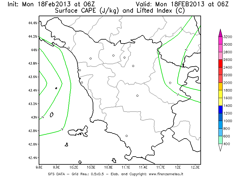 Mappa di analisi GFS - CAPE [J/kg] e Lifted Index [°C] in Toscana
							del 18/02/2013 06 <!--googleoff: index-->UTC<!--googleon: index-->