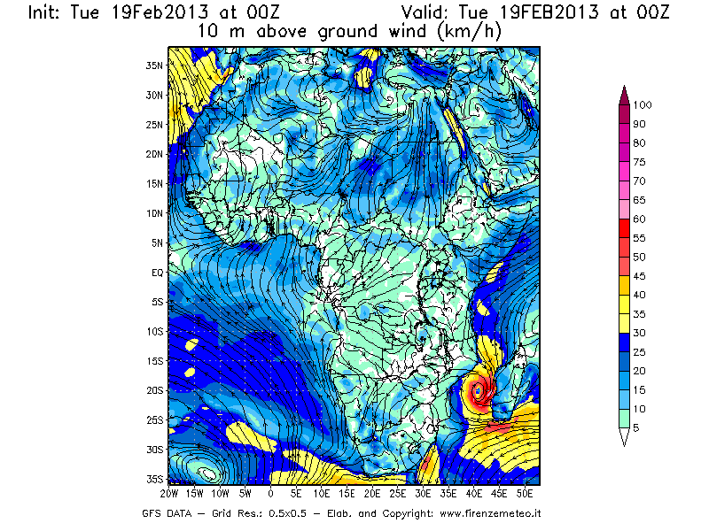 Mappa di analisi GFS - Velocità del vento a 10 metri dal suolo [km/h] in Africa
							del 19/02/2013 00 <!--googleoff: index-->UTC<!--googleon: index-->