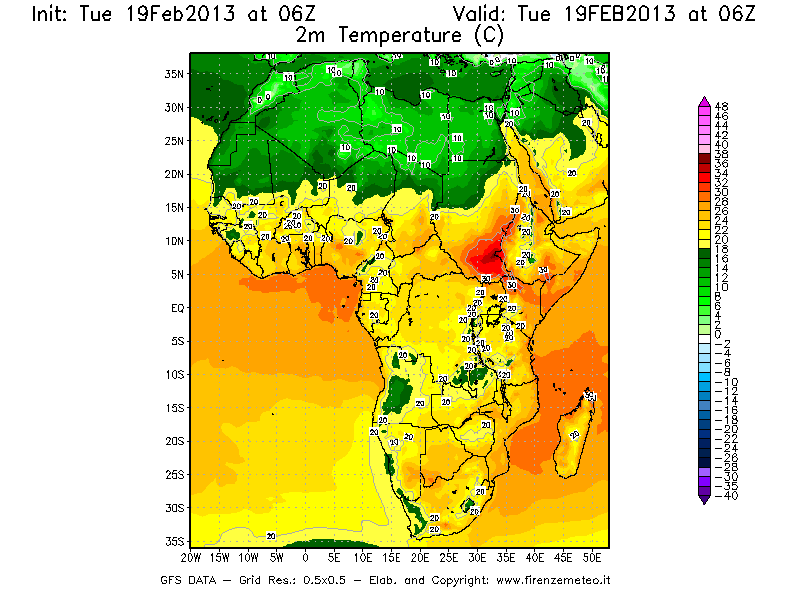 Mappa di analisi GFS - Temperatura a 2 metri dal suolo [°C] in Africa
							del 19/02/2013 06 <!--googleoff: index-->UTC<!--googleon: index-->