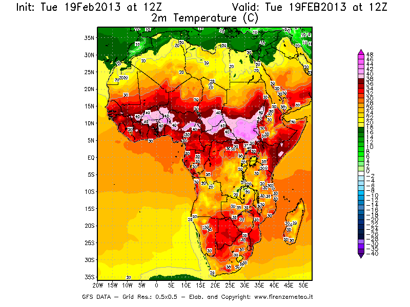Mappa di analisi GFS - Temperatura a 2 metri dal suolo [°C] in Africa
							del 19/02/2013 12 <!--googleoff: index-->UTC<!--googleon: index-->
