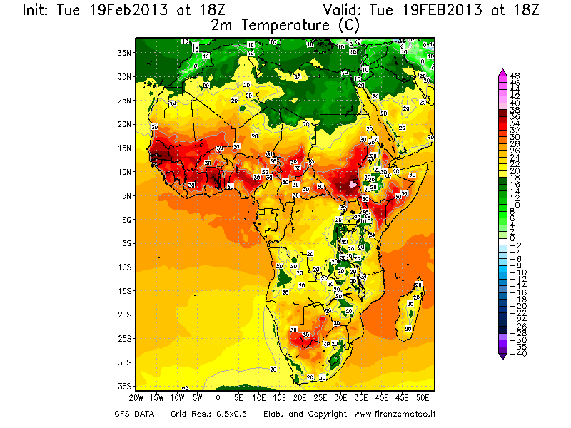 Mappa di analisi GFS - Temperatura a 2 metri dal suolo [°C] in Africa
							del 19/02/2013 18 <!--googleoff: index-->UTC<!--googleon: index-->