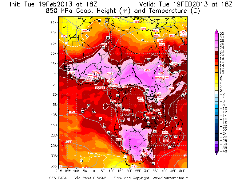 Mappa di analisi GFS - Geopotenziale [m] e Temperatura [°C] a 850 hPa in Africa
							del 19/02/2013 18 <!--googleoff: index-->UTC<!--googleon: index-->
