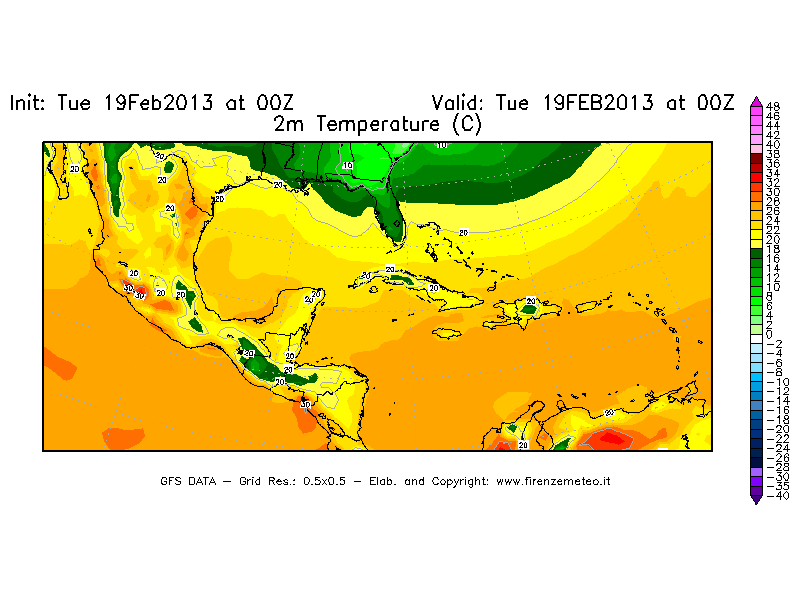 Mappa di analisi GFS - Temperatura a 2 metri dal suolo [°C] in Centro-America
							del 19/02/2013 00 <!--googleoff: index-->UTC<!--googleon: index-->