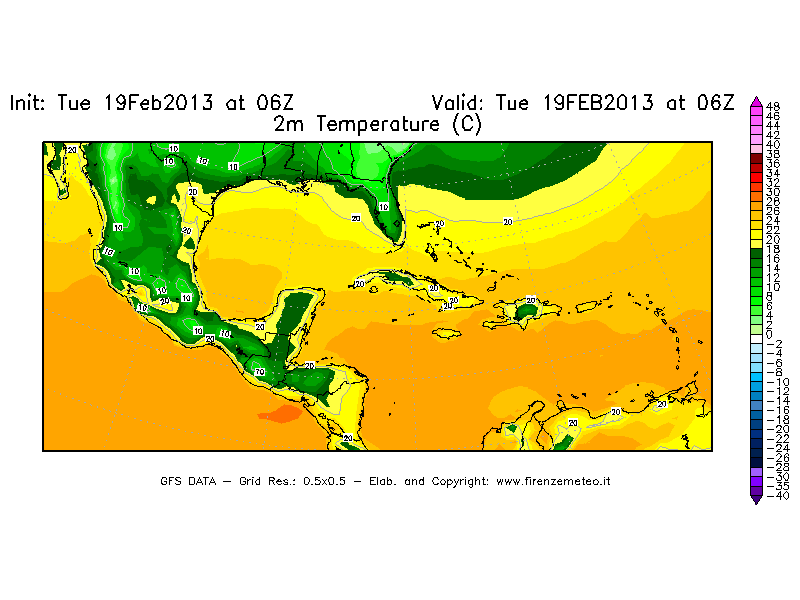 Mappa di analisi GFS - Temperatura a 2 metri dal suolo [°C] in Centro-America
							del 19/02/2013 06 <!--googleoff: index-->UTC<!--googleon: index-->