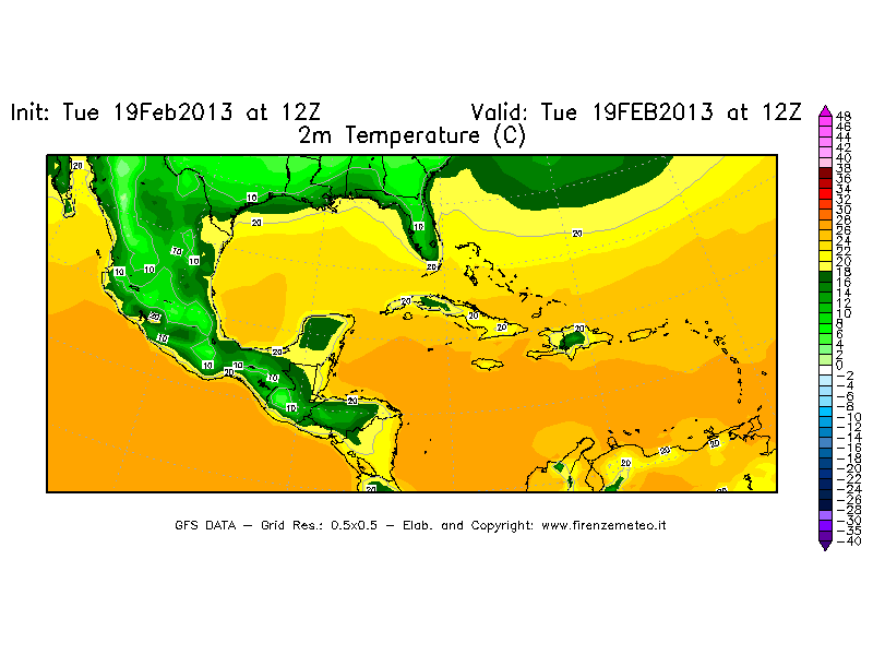 Mappa di analisi GFS - Temperatura a 2 metri dal suolo [°C] in Centro-America
							del 19/02/2013 12 <!--googleoff: index-->UTC<!--googleon: index-->
