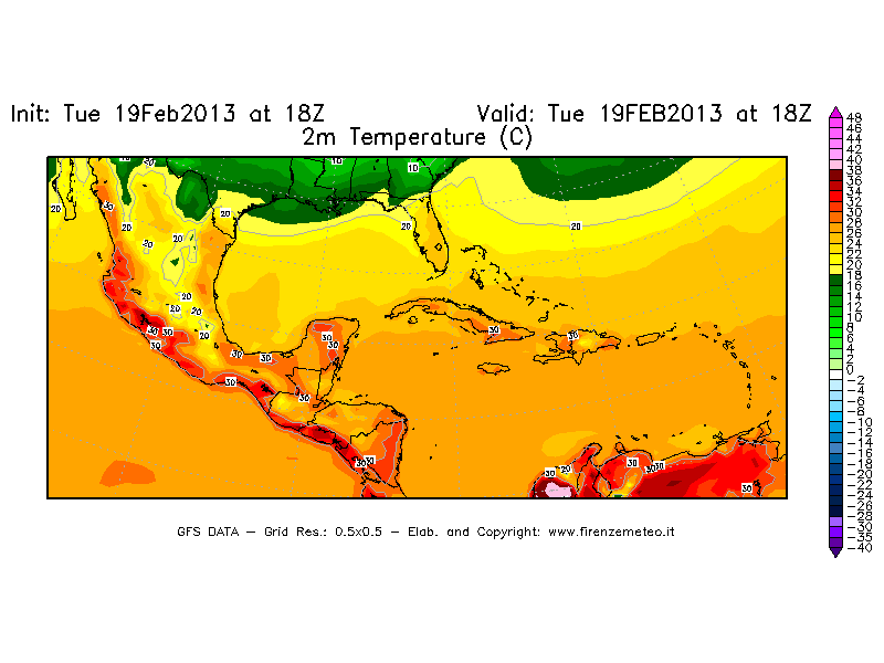 Mappa di analisi GFS - Temperatura a 2 metri dal suolo [°C] in Centro-America
							del 19/02/2013 18 <!--googleoff: index-->UTC<!--googleon: index-->