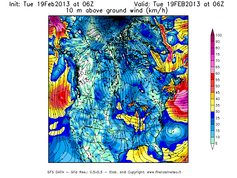 Mappa di analisi GFS - Velocità del vento a 10 metri dal suolo [km/h] in Nord-America
							del 19/02/2013 06 <!--googleoff: index-->UTC<!--googleon: index-->