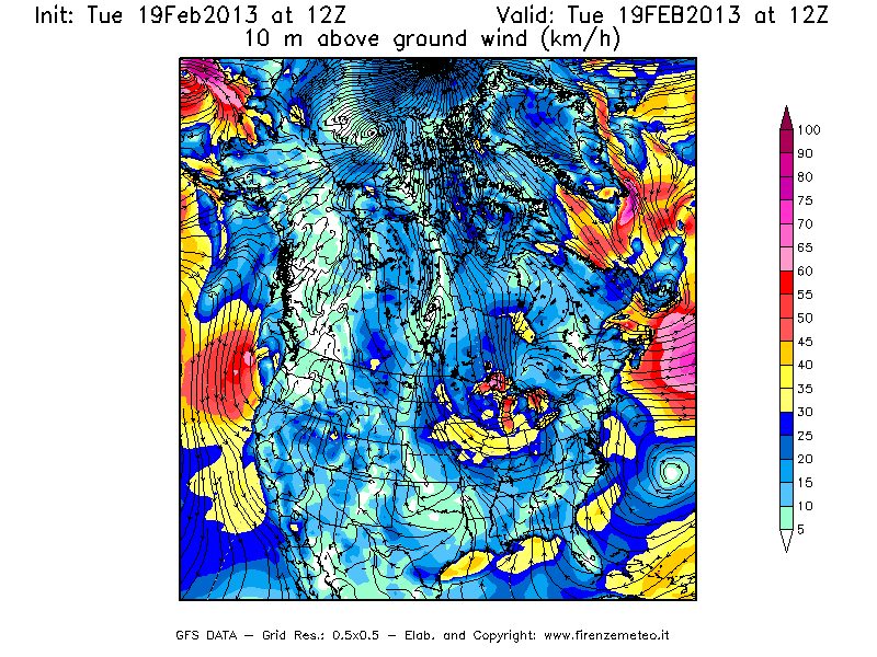 Mappa di analisi GFS - Velocità del vento a 10 metri dal suolo [km/h] in Nord-America
							del 19/02/2013 12 <!--googleoff: index-->UTC<!--googleon: index-->