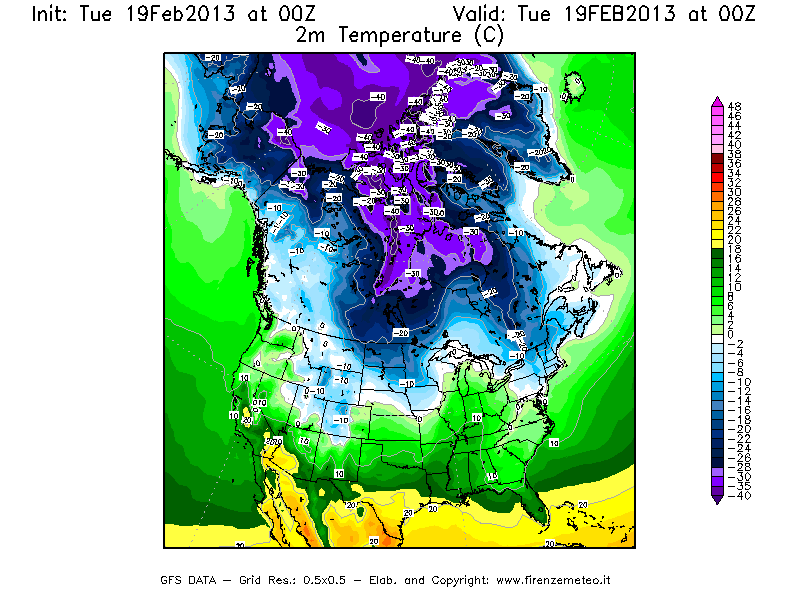 Mappa di analisi GFS - Temperatura a 2 metri dal suolo [°C] in Nord-America
							del 19/02/2013 00 <!--googleoff: index-->UTC<!--googleon: index-->