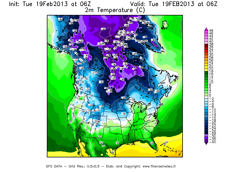 Mappa di analisi GFS - Temperatura a 2 metri dal suolo [°C] in Nord-America
							del 19/02/2013 06 <!--googleoff: index-->UTC<!--googleon: index-->