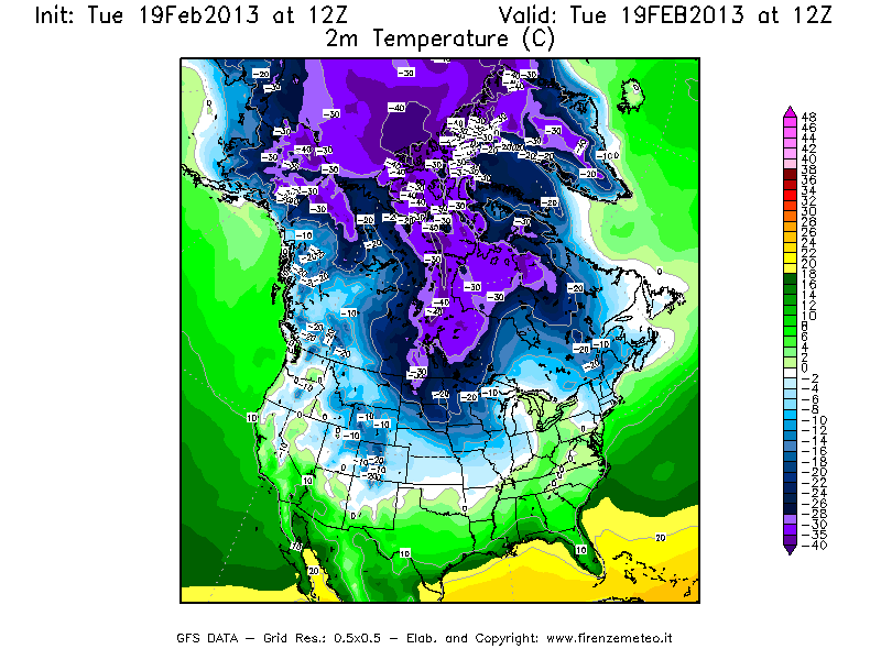 Mappa di analisi GFS - Temperatura a 2 metri dal suolo [°C] in Nord-America
							del 19/02/2013 12 <!--googleoff: index-->UTC<!--googleon: index-->