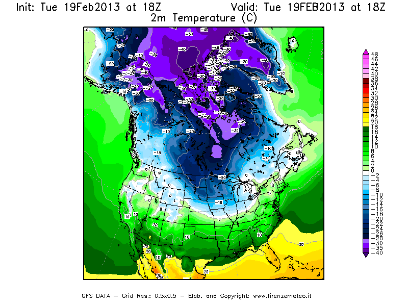 Mappa di analisi GFS - Temperatura a 2 metri dal suolo [°C] in Nord-America
							del 19/02/2013 18 <!--googleoff: index-->UTC<!--googleon: index-->