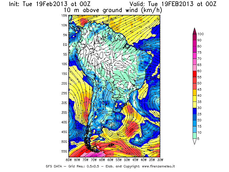 Mappa di analisi GFS - Velocità del vento a 10 metri dal suolo [km/h] in Sud-America
							del 19/02/2013 00 <!--googleoff: index-->UTC<!--googleon: index-->