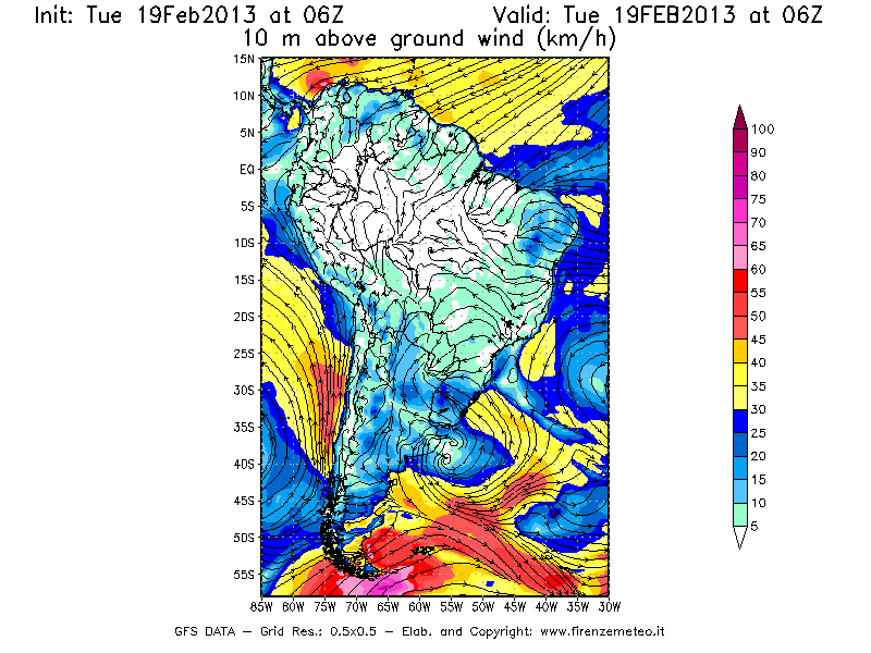 Mappa di analisi GFS - Velocità del vento a 10 metri dal suolo [km/h] in Sud-America
							del 19/02/2013 06 <!--googleoff: index-->UTC<!--googleon: index-->