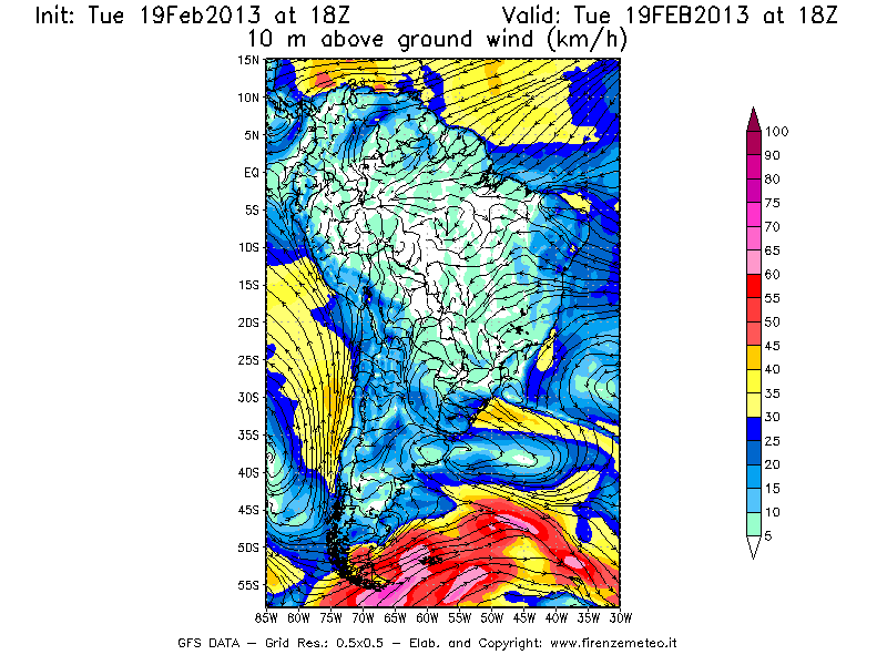 Mappa di analisi GFS - Velocità del vento a 10 metri dal suolo [km/h] in Sud-America
							del 19/02/2013 18 <!--googleoff: index-->UTC<!--googleon: index-->