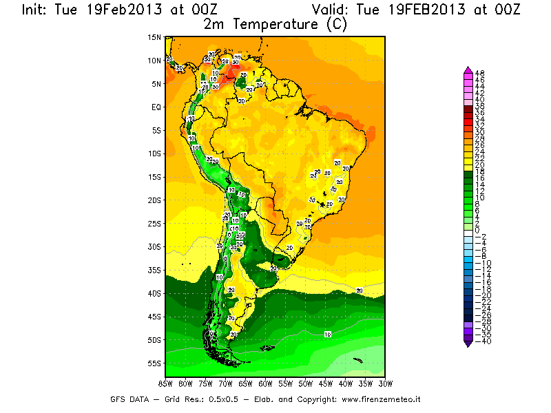 Mappa di analisi GFS - Temperatura a 2 metri dal suolo [°C] in Sud-America
							del 19/02/2013 00 <!--googleoff: index-->UTC<!--googleon: index-->
