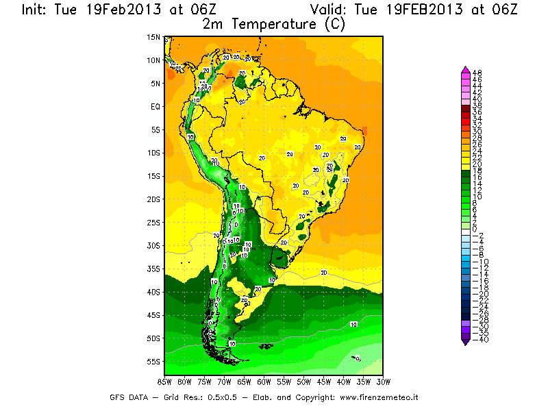 Mappa di analisi GFS - Temperatura a 2 metri dal suolo [°C] in Sud-America
							del 19/02/2013 06 <!--googleoff: index-->UTC<!--googleon: index-->