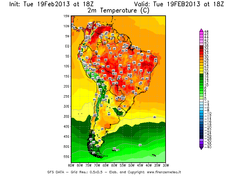 Mappa di analisi GFS - Temperatura a 2 metri dal suolo [°C] in Sud-America
							del 19/02/2013 18 <!--googleoff: index-->UTC<!--googleon: index-->