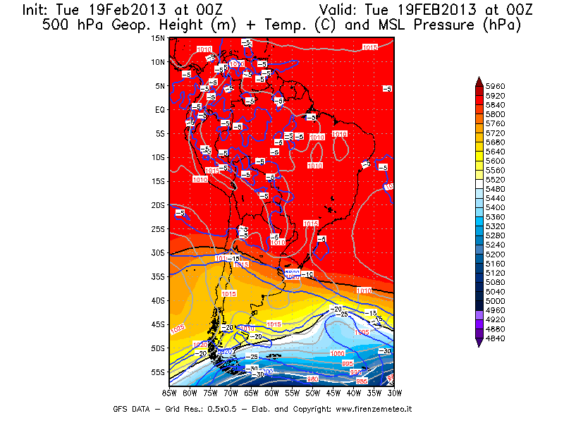 Mappa di analisi GFS - Geopotenziale [m] + Temp. [°C] a 500 hPa + Press. a livello del mare [hPa] in Sud-America
							del 19/02/2013 00 <!--googleoff: index-->UTC<!--googleon: index-->