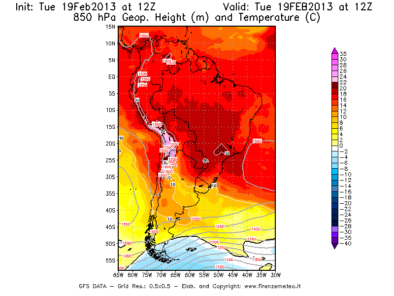 Mappa di analisi GFS - Geopotenziale [m] e Temperatura [°C] a 850 hPa in Sud-America
							del 19/02/2013 12 <!--googleoff: index-->UTC<!--googleon: index-->