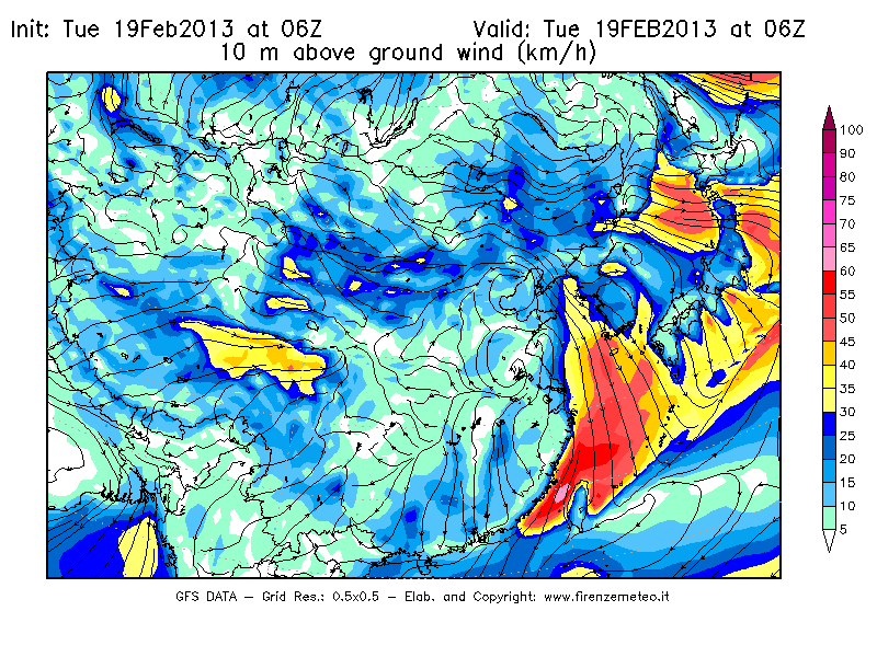 Mappa di analisi GFS - Velocità del vento a 10 metri dal suolo [km/h] in Asia Orientale
							del 19/02/2013 06 <!--googleoff: index-->UTC<!--googleon: index-->