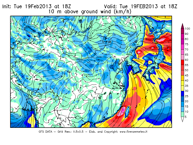 Mappa di analisi GFS - Velocità del vento a 10 metri dal suolo [km/h] in Asia Orientale
							del 19/02/2013 18 <!--googleoff: index-->UTC<!--googleon: index-->