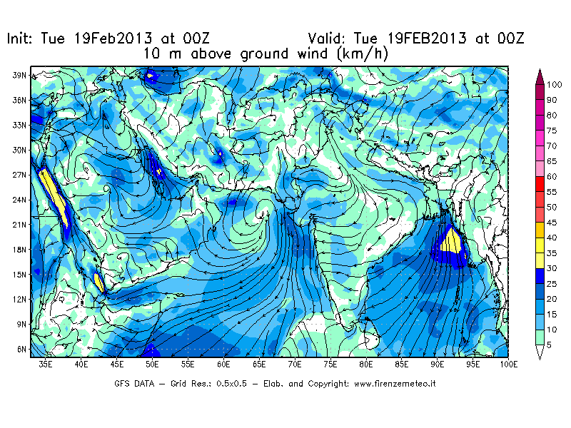 Mappa di analisi GFS - Velocità del vento a 10 metri dal suolo [km/h] in Asia Sud-Occidentale
							del 19/02/2013 00 <!--googleoff: index-->UTC<!--googleon: index-->