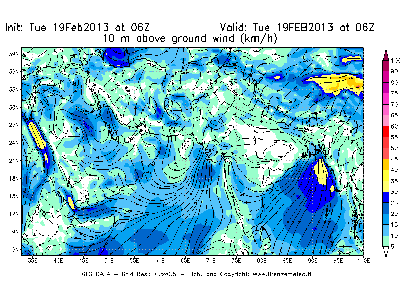 Mappa di analisi GFS - Velocità del vento a 10 metri dal suolo [km/h] in Asia Sud-Occidentale
							del 19/02/2013 06 <!--googleoff: index-->UTC<!--googleon: index-->