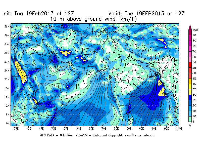 Mappa di analisi GFS - Velocità del vento a 10 metri dal suolo [km/h] in Asia Sud-Occidentale
							del 19/02/2013 12 <!--googleoff: index-->UTC<!--googleon: index-->