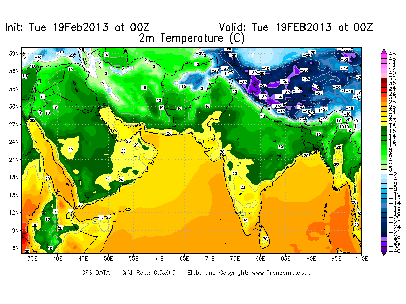Mappa di analisi GFS - Temperatura a 2 metri dal suolo [°C] in Asia Sud-Occidentale
							del 19/02/2013 00 <!--googleoff: index-->UTC<!--googleon: index-->