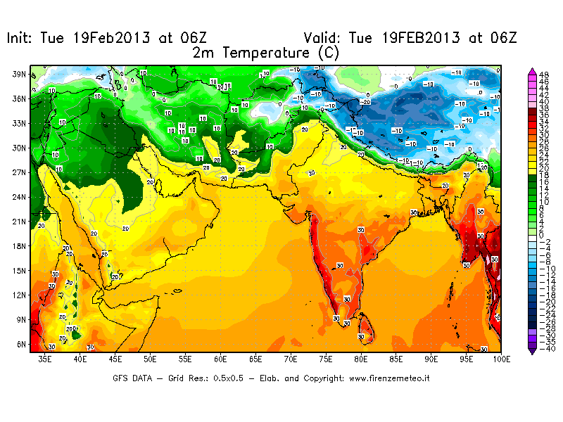 Mappa di analisi GFS - Temperatura a 2 metri dal suolo [°C] in Asia Sud-Occidentale
							del 19/02/2013 06 <!--googleoff: index-->UTC<!--googleon: index-->