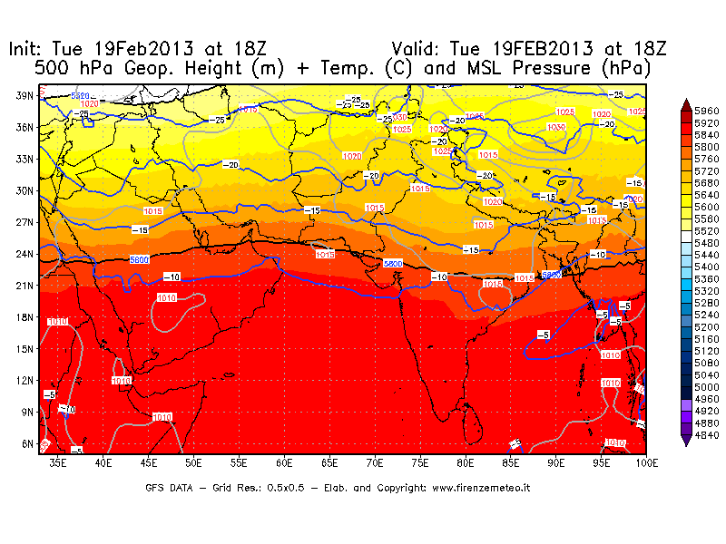 Mappa di analisi GFS - Geopotenziale [m] + Temp. [°C] a 500 hPa + Press. a livello del mare [hPa] in Asia Sud-Occidentale
							del 19/02/2013 18 <!--googleoff: index-->UTC<!--googleon: index-->