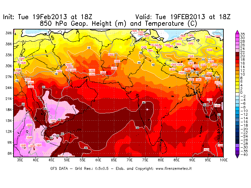 Mappa di analisi GFS - Geopotenziale [m] e Temperatura [°C] a 850 hPa in Asia Sud-Occidentale
							del 19/02/2013 18 <!--googleoff: index-->UTC<!--googleon: index-->